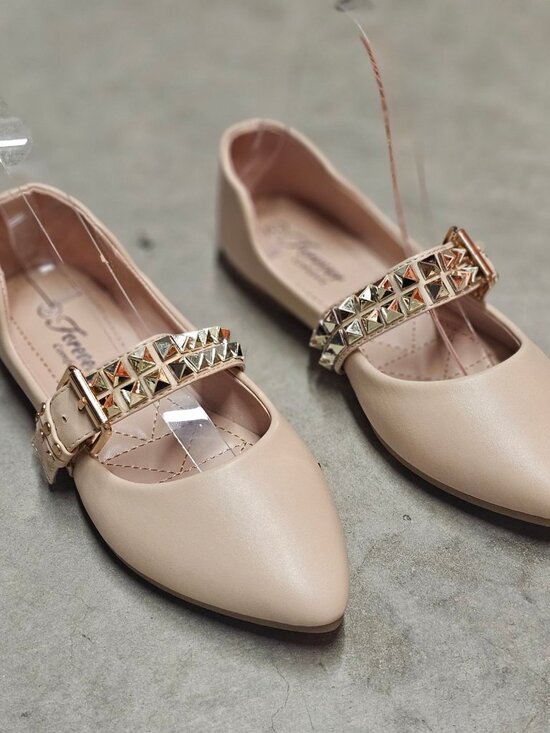 Studded Metallic Strap Beige Pointed-Toe Flats For Girls - Comfortable & Stylish - Picture 5 of 10